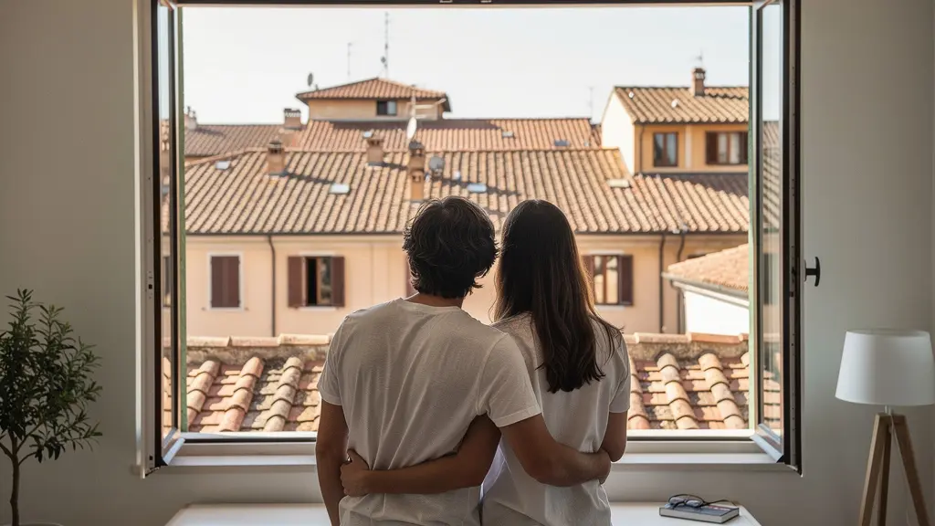 Coppia di mezza età osserva la vista dalla finestra di un appartamento luminoso a Roma
