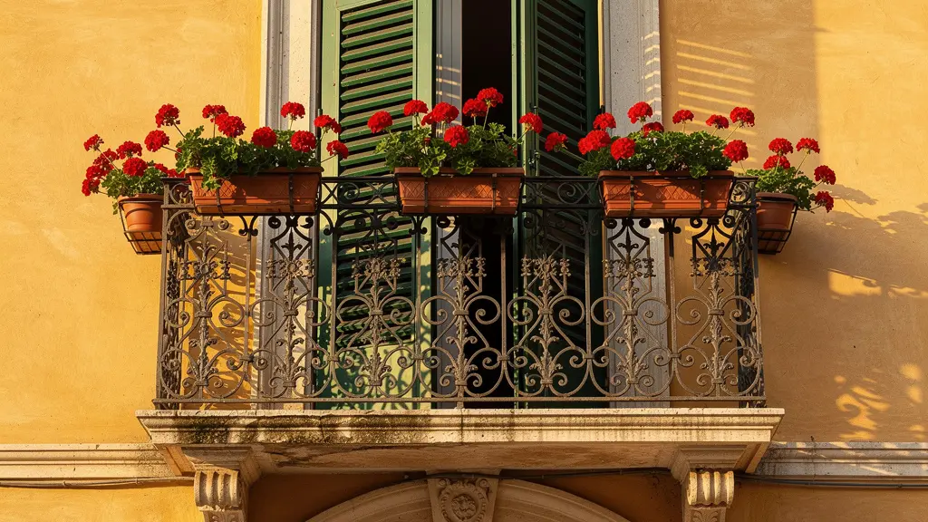 Dettaglio architettonico di balcone romano con gerani rossi e persiane verdi