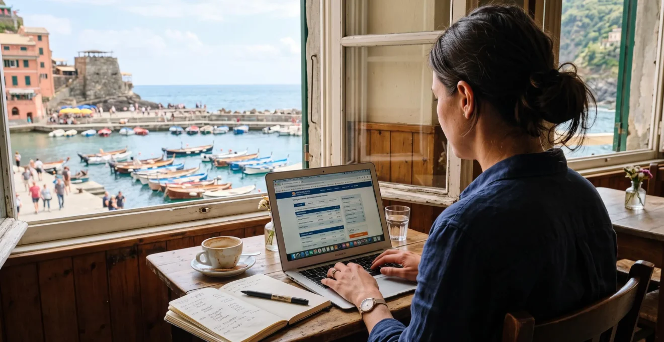 Donna confronta orari e prezzi dei traghetti sul computer in un caffè vicino al porto.
