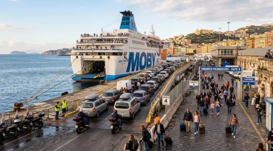 Traghetto attraccato nel porto con automobili e passeggeri in fase d'imbarco.