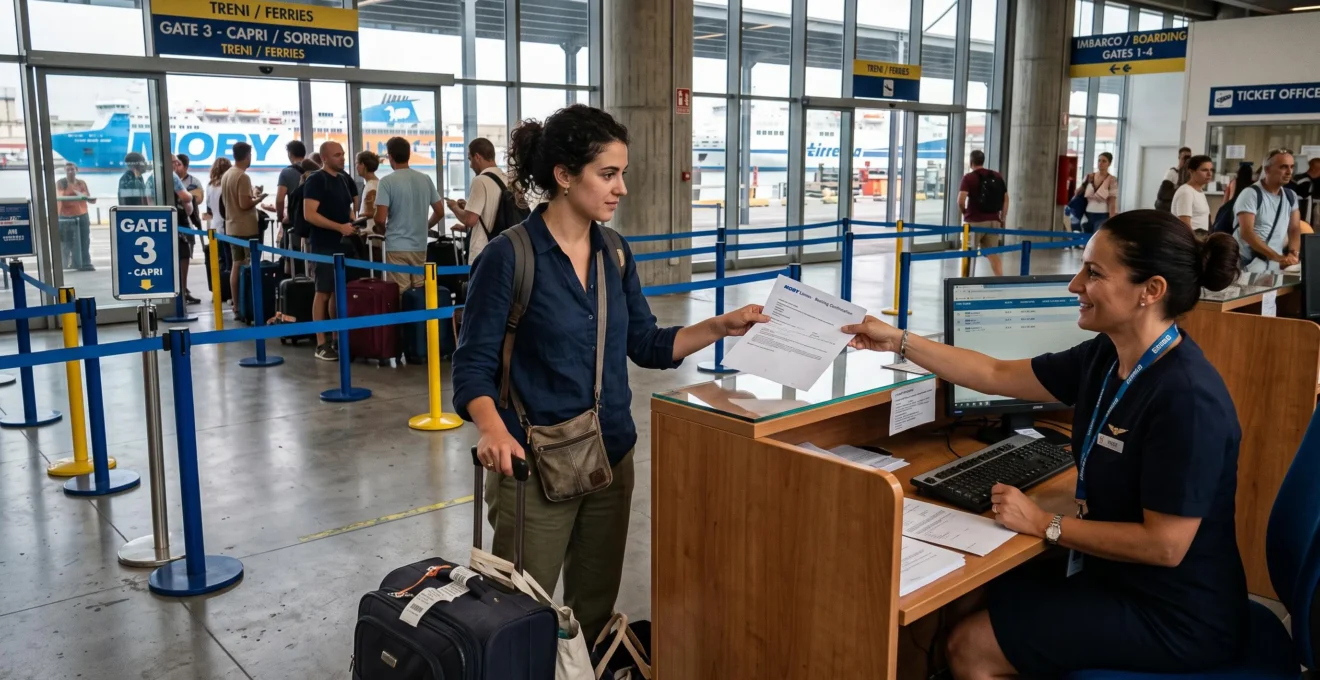 Viaggiatore consegna la prenotazione alla biglietteria del terminal traghetti.